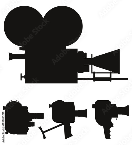video camera items retro old vintage icons black silhouette cartoon stock vector illustration isolated on white background