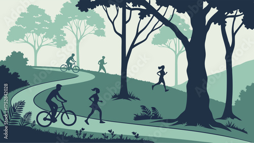People Running, Cycling, and Walking on a Winding Park Path. Outdoor Fitness, Healthy Lifestyle, and Wellness for Active Living and Recreation.