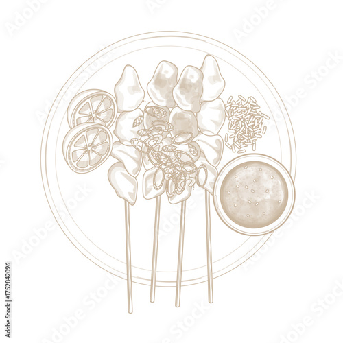 Vector Illustration Logo Line art Top View Sate Taichan or Taichan Satay