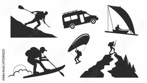 Outdoor Adventure Travel Sports Silhouettes Set Hiking Skiing Paragliding Sailing Road Trip Icons for Active Lifestyle Marketing