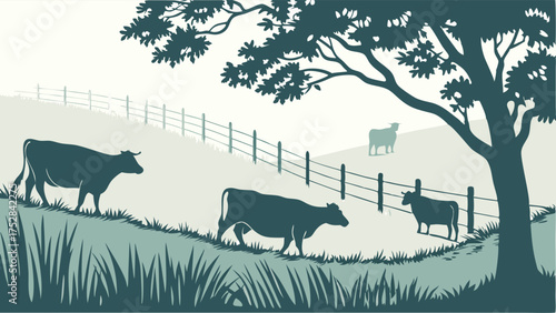 Peaceful Rural Farm Pasture with Grazing Cattle and Tree. Natural Landscape for Agriculture and Environmental Design.