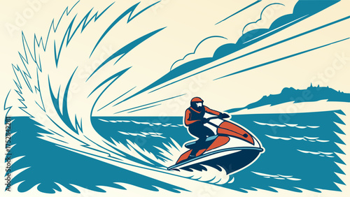 Jet Ski Rider Speeding on Ocean Waves Creating Dynamic Splash for Summer Water Sports and Adventure Travel Advertising