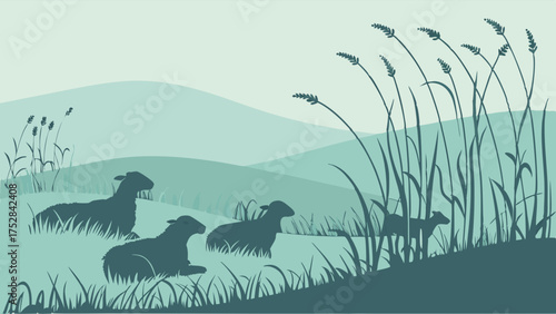Sheep Grazing in Peaceful Green Rolling Hills Vector Silhouette. Rural Farm Animals for Sustainable Agriculture, Nature, and Eco-Friendly Designs.