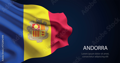 Andorra national flag with elegant folds on dark background