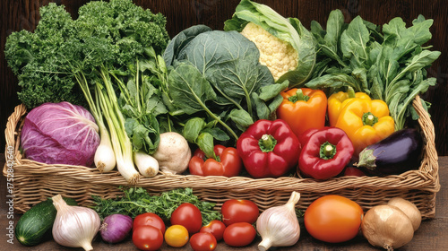 Abundant basket overflowing with a variety of fresh, vibrant vegetables on a wooden surface