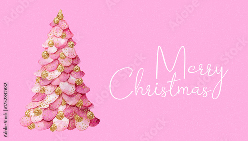 Merry Christmas banner. Cute pink Christmas tree with gold decorations. Vintage Christmas coquette banner. Pink girly banner for Christmas greetings. Vector illustration.