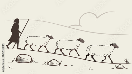 Man Leading Sheep Uphill Simple Illustration Guidance Leadership Following Direction Journey Teamwork Trust Rural Life