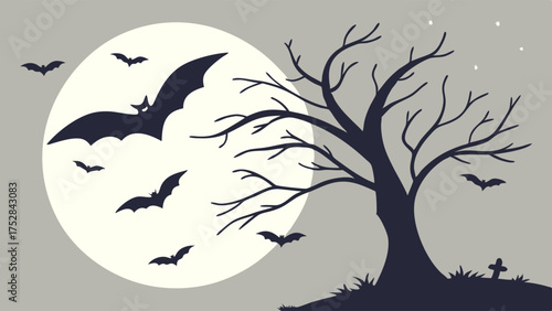 Spooky Halloween Night Scene with Flying Bats Full Moon and Bare Tree Silhouette Eerie Graveyard Background for Autumn Holiday Event Design and Party Invitations