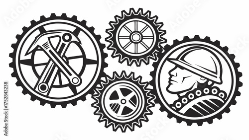 Interlocking Industrial Gears with Mining Tools and Hard Hat Worker Profile for Engineering and Construction Teamwork Vector Design