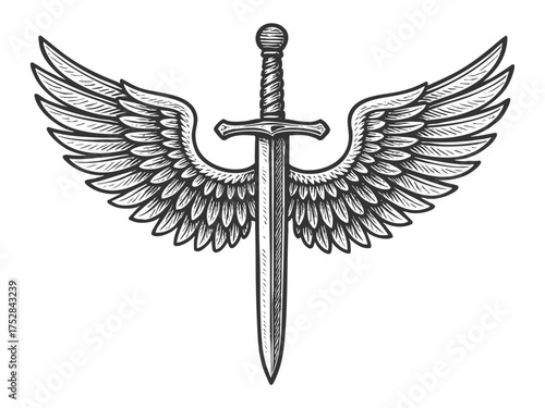 sword with angel wings, representing justice, freedom, power, and spiritual strength. Tattoo design sketch engraving generative ai vector illustration. Scratch board imitation. Black and white image.