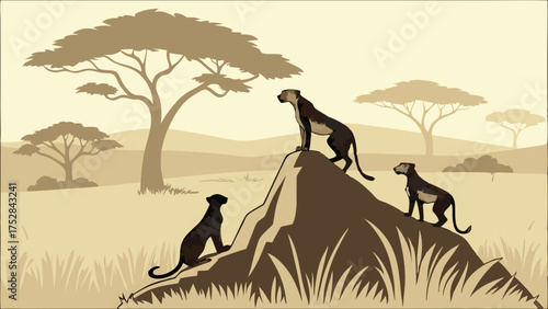 Black Panthers Observing Savanna from Rock. Wildlife Nature Safari Adventure. Leadership Strength Team Spirit. Sepia Tone Illustration
