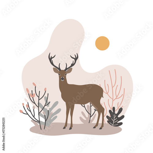 Deer standing in winter thicket with minimalistic background  