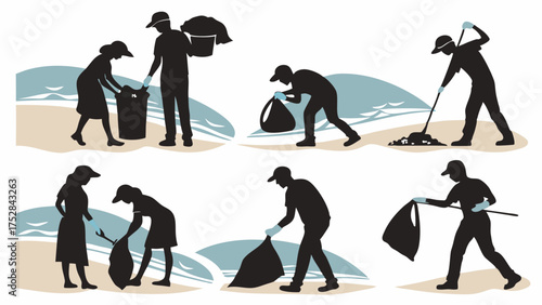 Volunteers Actively Cleaning Beach, Collecting Ocean Waste, Promoting Environmental Protection, Community Service, and Sustainability.