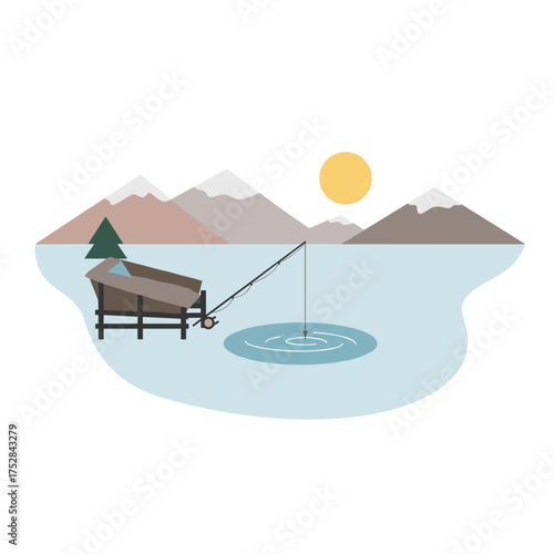 Fisherman on dock casting line into frozen lake in winter  
