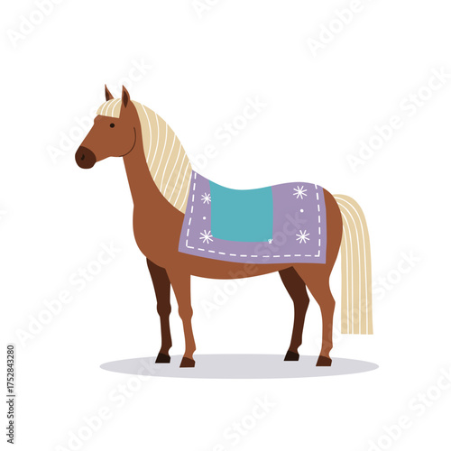 Horse wearing a winter blanket standing on a white background  