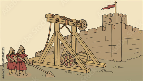 Medieval Siege Catapult Attacking Castle Wall with Ancient Warriors. Historical Warfare Strategy and Military Engineering for Business Challenge and Success.