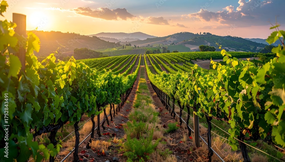 Fototapeta premium Lush vineyard rows stretching towards the sunset, showcasing vibrant grapevines and scenic hills