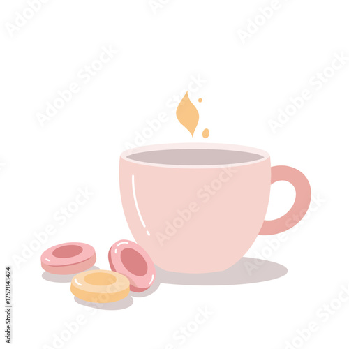 Pink cup of steaming tea with throat lozenges on white background  