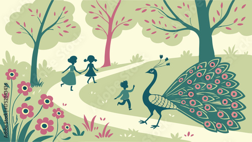 Joyful Kids and a Peacock in a Lush Park. Whimsical Illustration for Children Books, Family Activities, and Nature Themes.