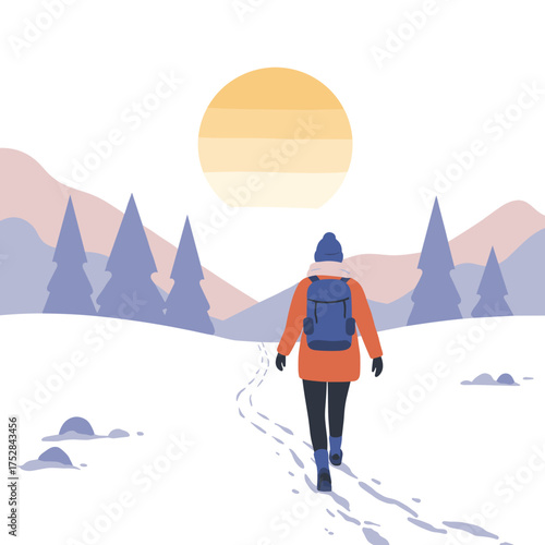 Woman walking on snowy trail in winter landscape at sunset  