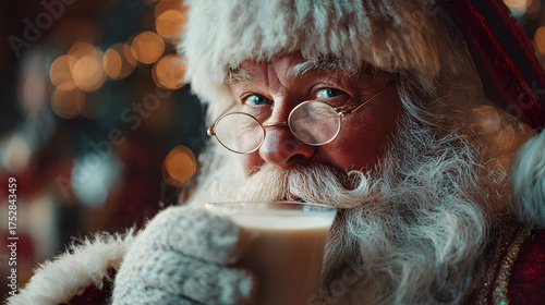 Santa Claus drinking eggnog and waiting for Christmas. Holiday greetings concept.