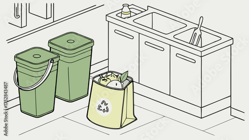 Efficient Waste Sorting and Recycling Bins in a Modern Kitchen. Promote Sustainable Living and Eco-Friendly Business Environmental Management