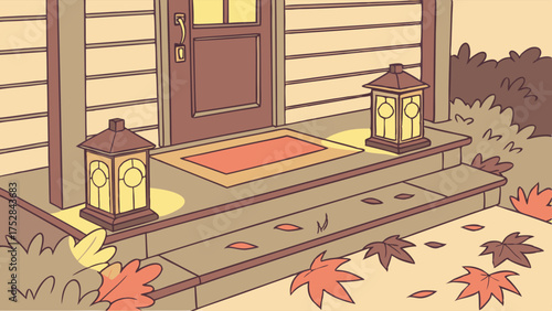 Cozy Autumn Home Entrance with Front Door, Porch Steps, Doormat, and Fall Leaves. Welcoming Residential Property for Seasonal Decor.