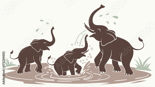 Happy Elephant Family Playing in Water Joyful Wild Animals Splashing for Nature Education Wildlife Conservation and Childrens Content