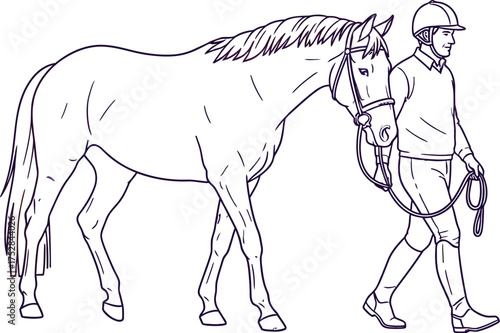 Equestrian handler leading a horse by the reins in a calm, controlled walk