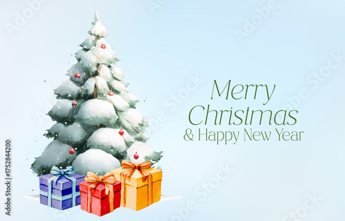 Merry Christmas and New Year. Watercolor banner with a Christmas snowy tree and gift boxes. Template of a postcard and banner for Christmas and New Year greetings.