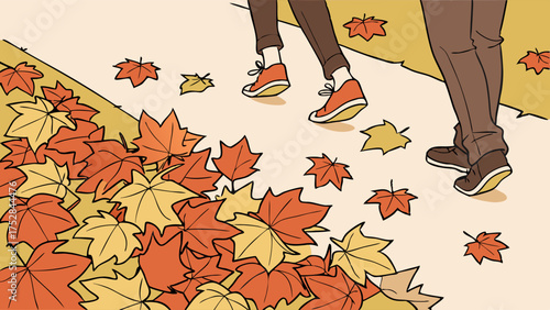Walking Through Colorful Autumn Fall Leaves on Outdoor Path. Two People Enjoying Seasonal Nature Stroll and Cozy Lifestyle Activity