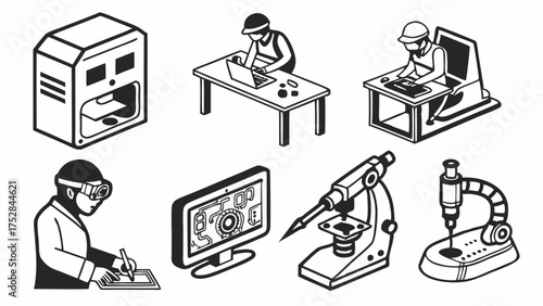 Advanced Technology Engineering Icons Set for Industrial Manufacturing Design Research Development Prototyping Digital Innovation and Automation