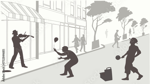 Lively Street Performers Playing Music and Juggling on Urban City Sidewalk for Entertainment, Culture, and Web Design