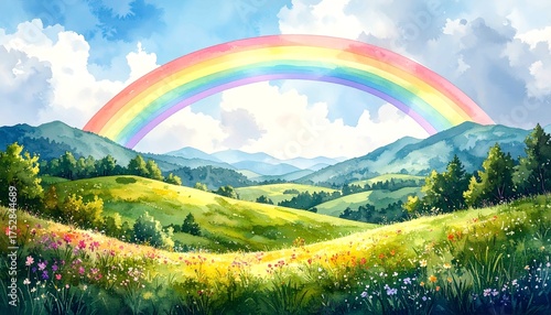Watercolor Painting of a Bright Rainbow Arching Over a Green Rolling Meadow and Mountain Landscape, Sunny Sky with Clouds, Spring or Summer Scenery, Vibrant Nature Landscape Illustration