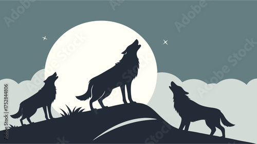 Wild Wolves Howling Pack Silhouette at Full Moon in Dark Night Sky. Wilderness Nature, Teamwork, Leadership, Marketing.