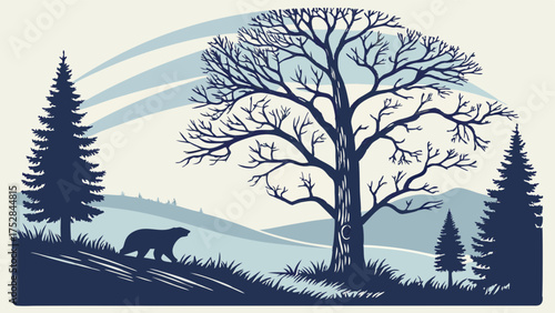 Wolverine Walking Through Winter Wilderness Landscape with Bare Tree and Snowy Hills Graphic Illustration for Nature Conservation Wildlife Outdoor Travel