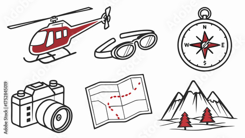 Adventure Travel Icons Set Journey Planning Exploration Helicopter Compass Map Camera Mountains Goggles Outdoor Vacation Trip Discovery
