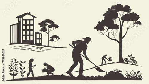 Community Gardening and Tree Planting for Sustainable Urban Development. Green City Life, Eco-Friendly Lifestyle, Environmental Protection.