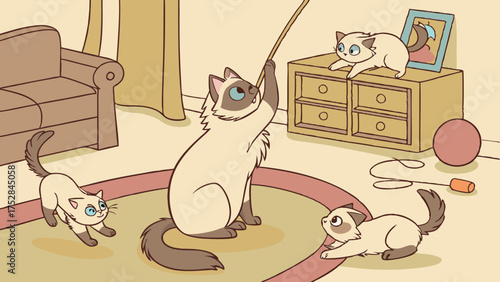 Cute Fluffy Mother Cat Playing with Adorable Kittens in Cozy Home. Playful Pet Family Illustration for Animal Care and Websites.