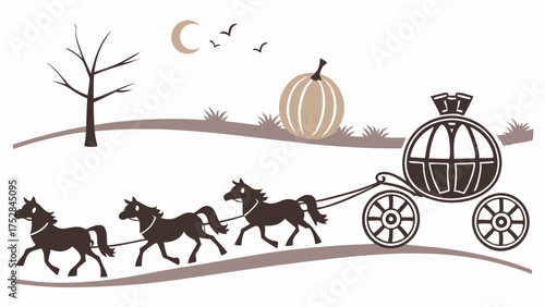 Dreamy Horse Drawn Carriage with Pumpkin and Moon for Magical Fairy Tale Transformation and Elegant Event Invitations