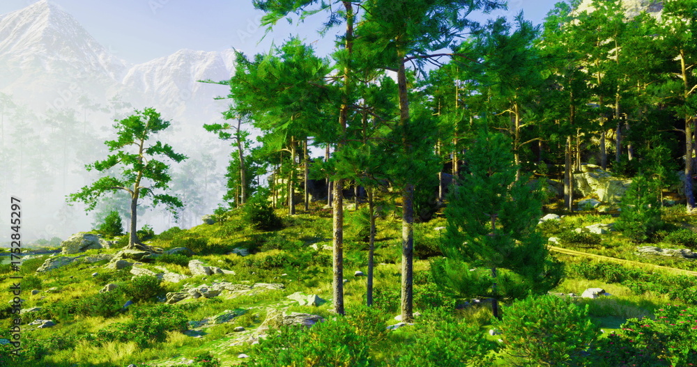 Fototapeta premium Dense forest filled with tall trees and vibrant greenery stretches towards a majestic mountain range under a clear blue sky. Sunlight filters through the branches creating a serene environment.