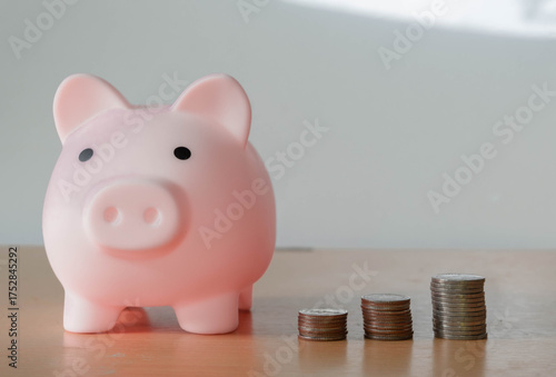 money jar piggy bank  with money thai bath coin stack, white background concept saving and financial business