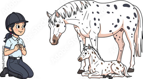 Young girl in riding gear lovingly interacts with a mother horse and foal