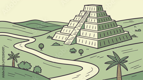 Ancient Stepped Pyramid Temple in Lush Green Landscape with Winding Path. Travel Adventure and Historical Discovery Illustration.