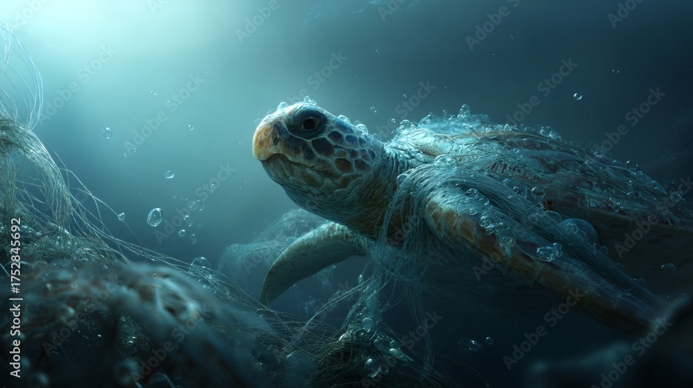 Obraz premium Majestic Green Sea Turtle Surrounded by Ocean Debris and Bubbles