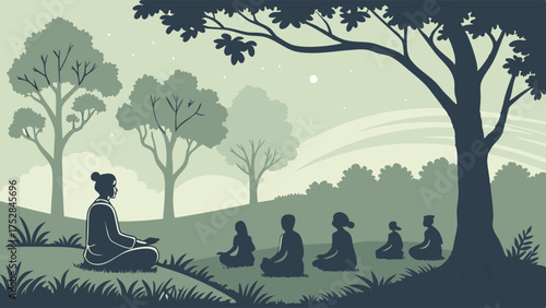 Mindfulness Meditation Class Outdoors Under Tree, Group Practicing Yoga and Wellness in Serene Nature Landscape