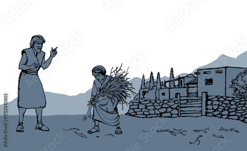 Vector drawing. Woman collecting firewood