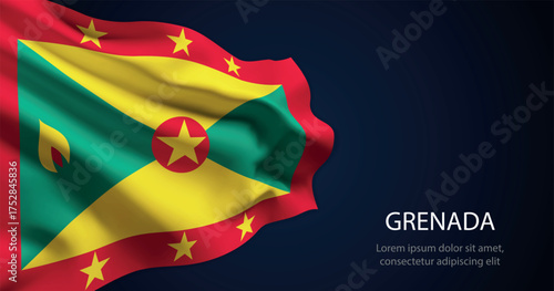Grenada national flag with elegant folds on dark background