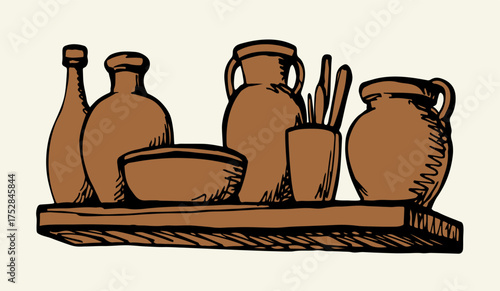 Vector drawing. Potters on the shelf