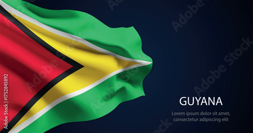 Guyana national flag with elegant folds on dark background